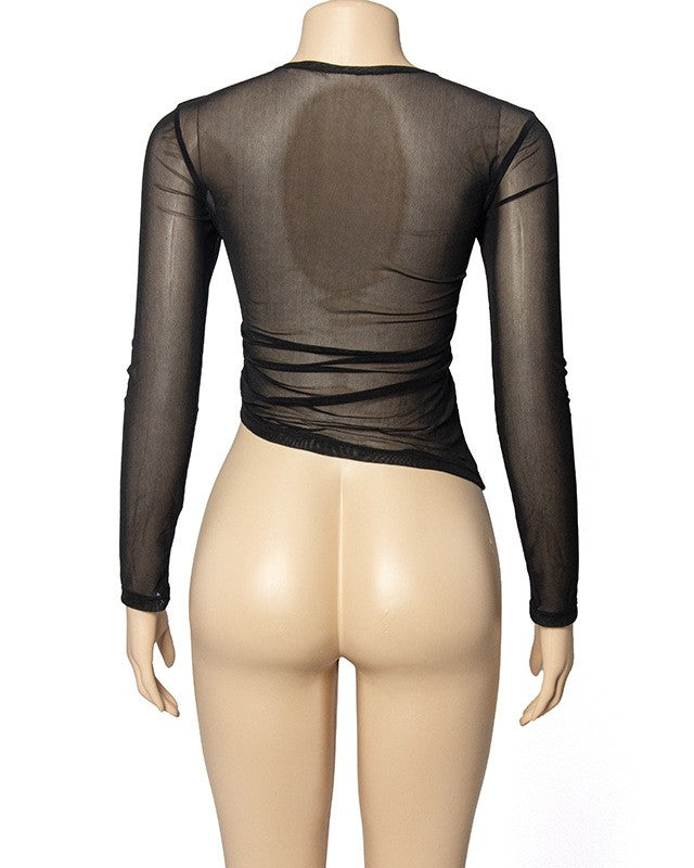 Y2K Handprint Ruched Sheer Mesh Top - Black - 3