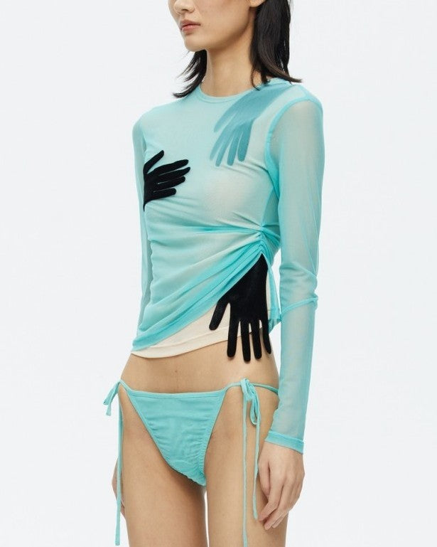 Y2K Handprint Ruched Sheer Mesh Top - Blue - 1