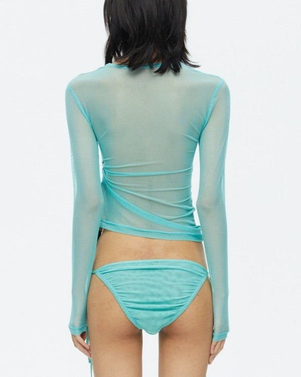 Y2K Handprint Ruched Sheer Mesh Top - Blue - 2
