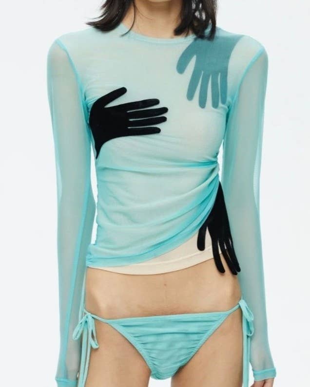 Y2K Handprint Ruched Sheer Mesh Top