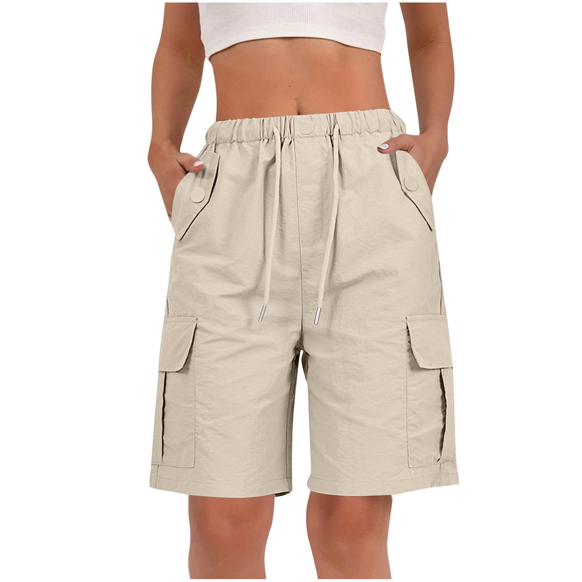 Drawstring Knee Length Cargo Bermuda Shorts - Apricot