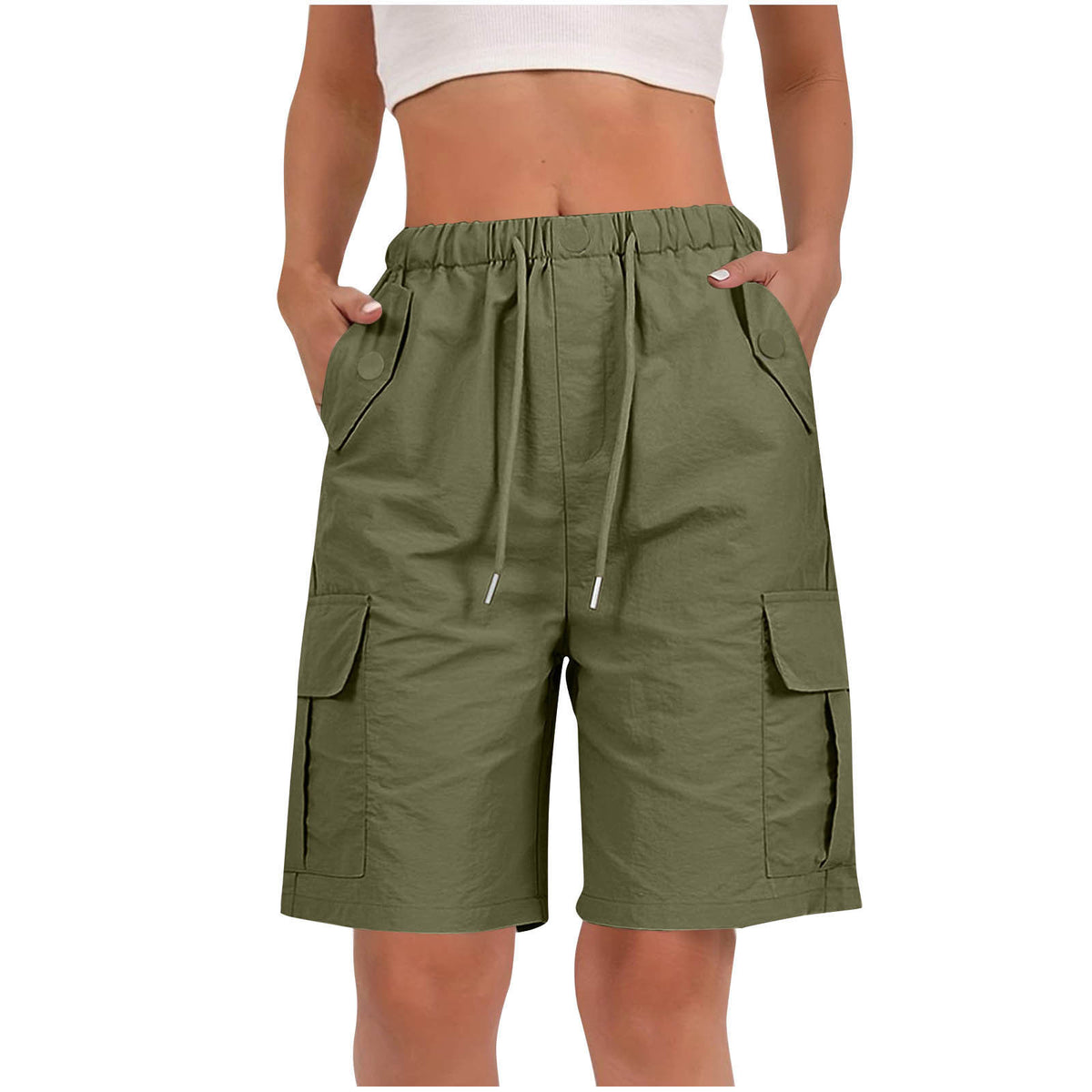 Drawstring Knee Length Cargo Bermuda Shorts - ArmyGreen
