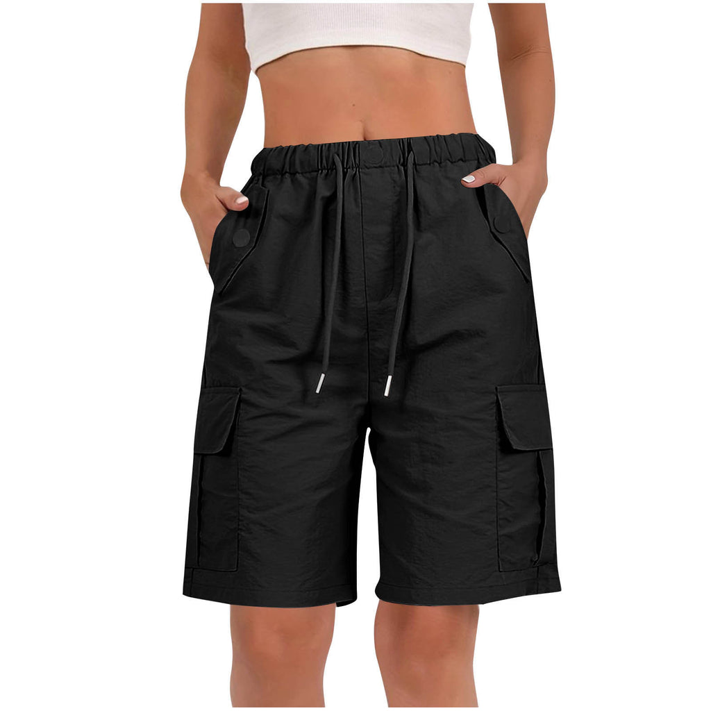 Drawstring Knee Length Cargo Bermuda Shorts - Black