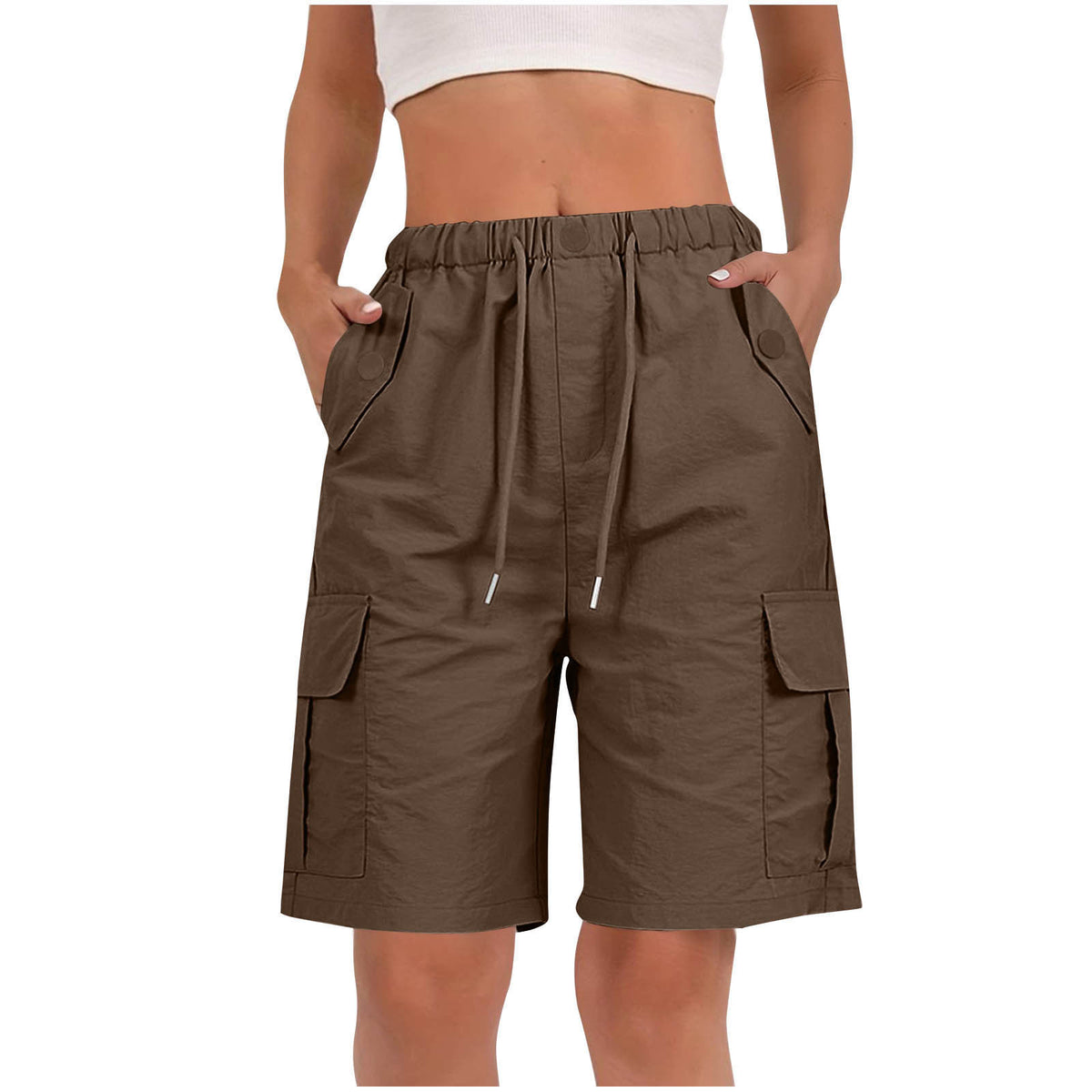 Drawstring Knee Length Cargo Bermuda Shorts - Coffee