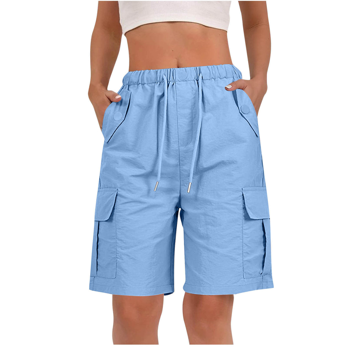 Drawstring Knee Length Cargo Bermuda Shorts - LightBlue