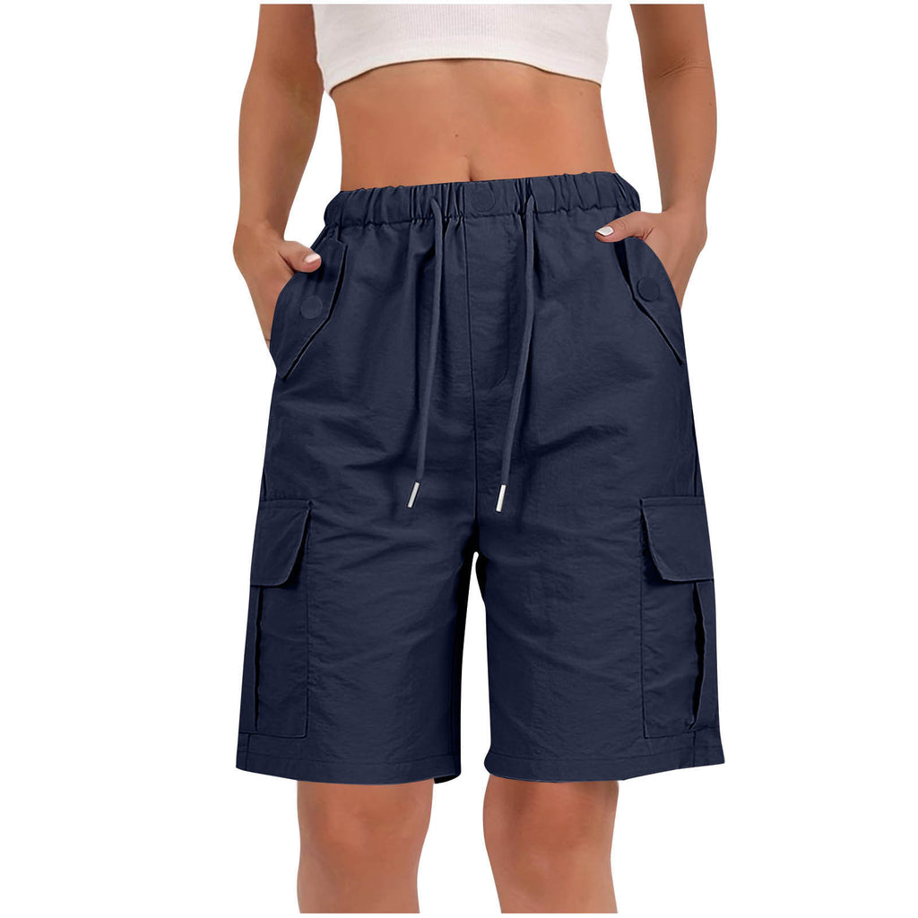 Drawstring Knee Length Cargo Bermuda Shorts - Navy