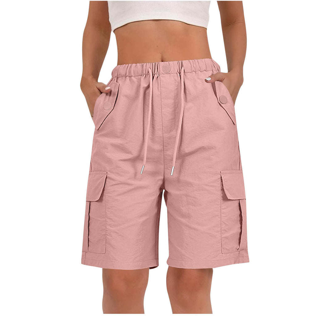 Drawstring Knee Length Cargo Bermuda Shorts - Pink