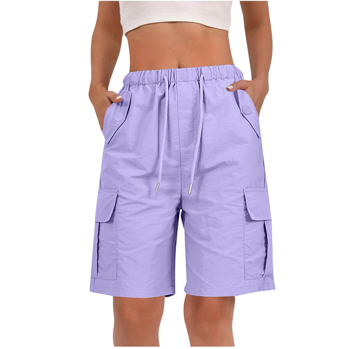 Drawstring Knee Length Cargo Bermuda Shorts - Purple