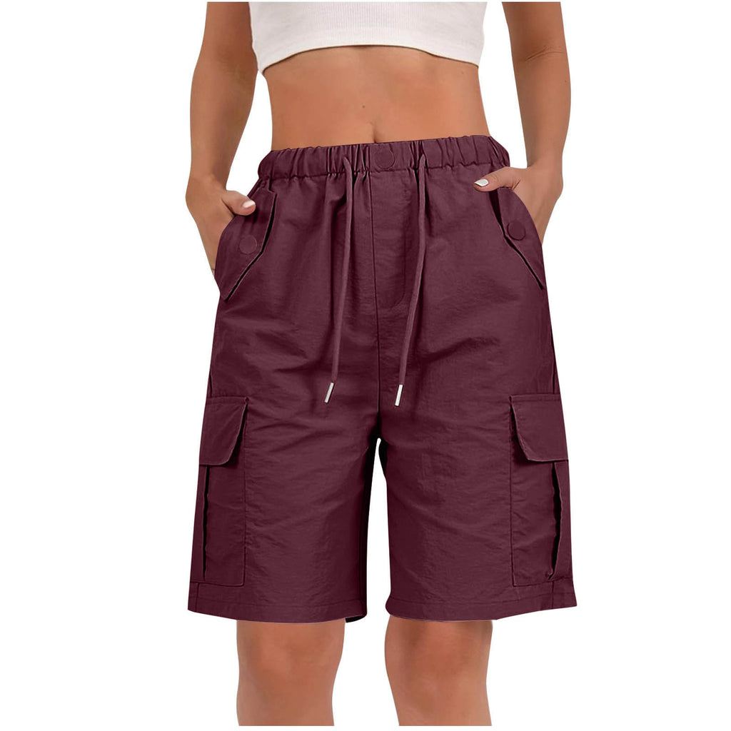 Drawstring Knee Length Cargo Bermuda Shorts - WineRed