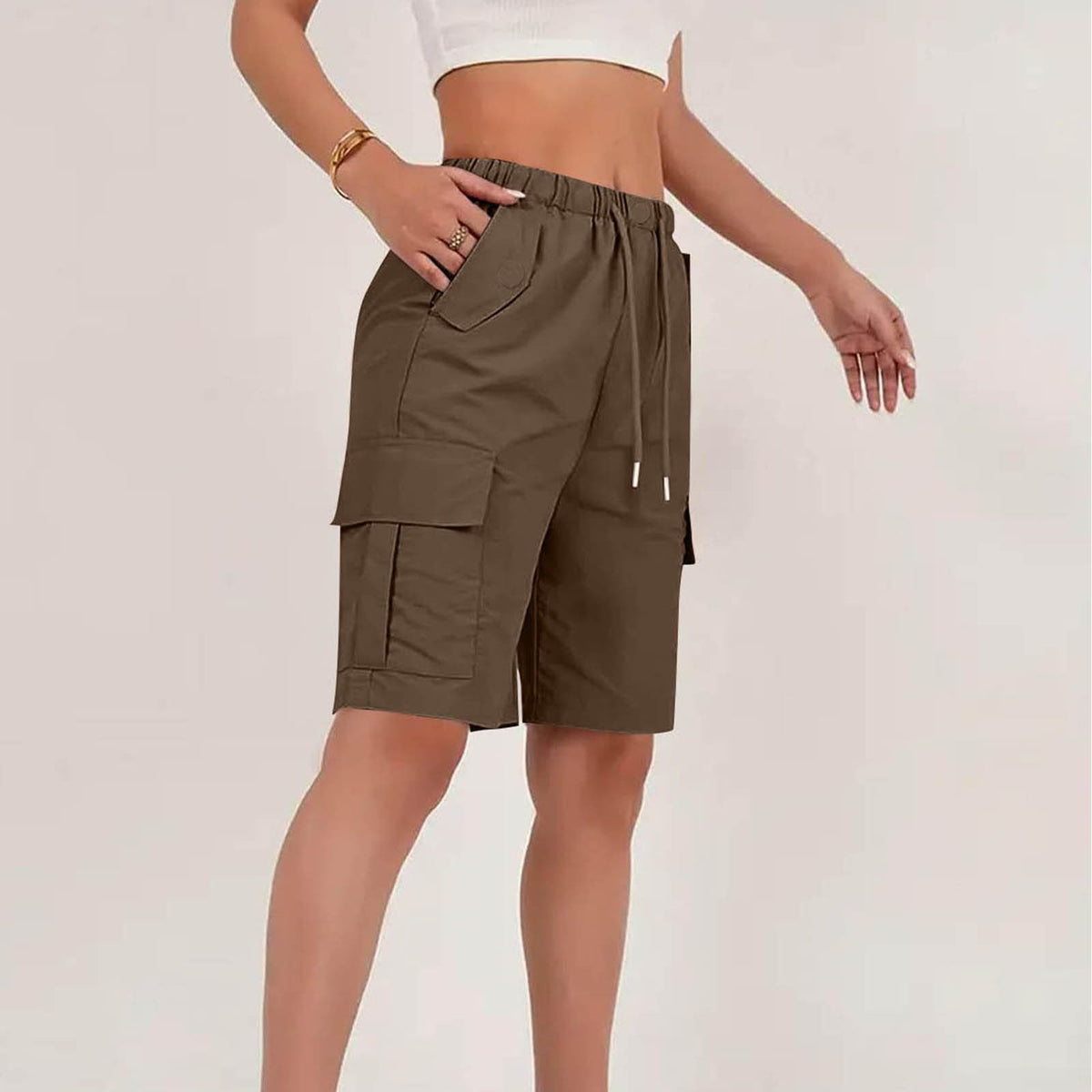 Drawstring Knee Length Cargo Bermuda Shorts