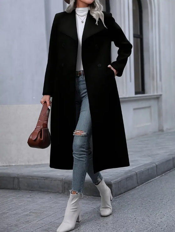 Longline Double Breasted Notch Lapel Coat - Black