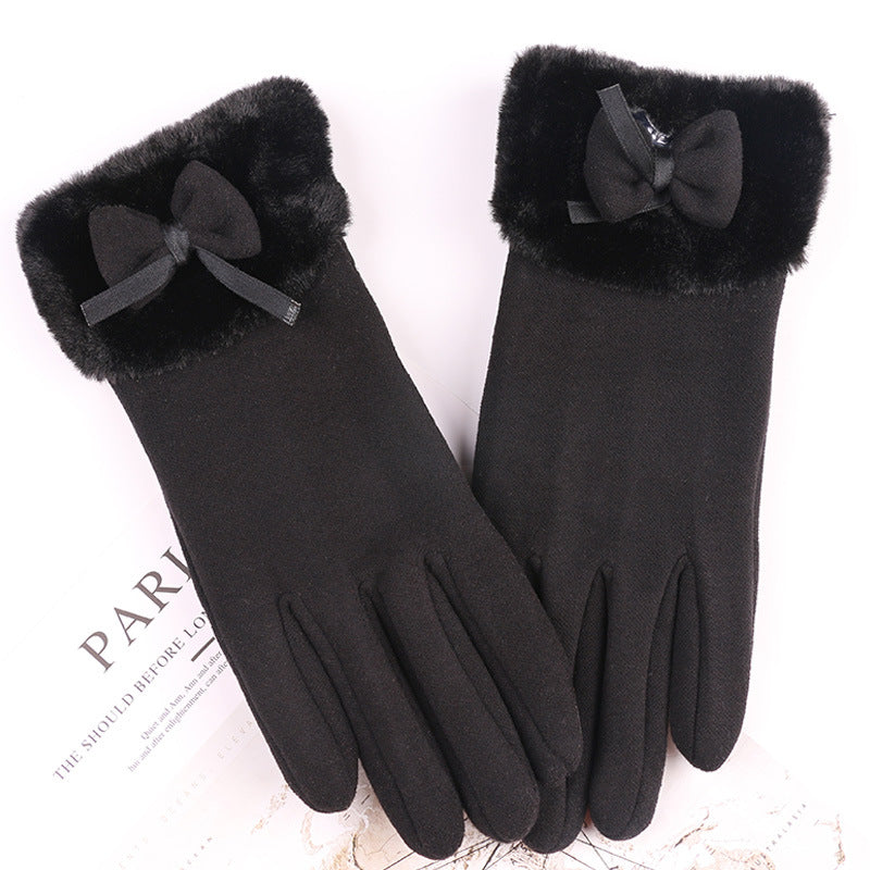 Suede Feel Bow Faux Fur Cuff Gloves - Black