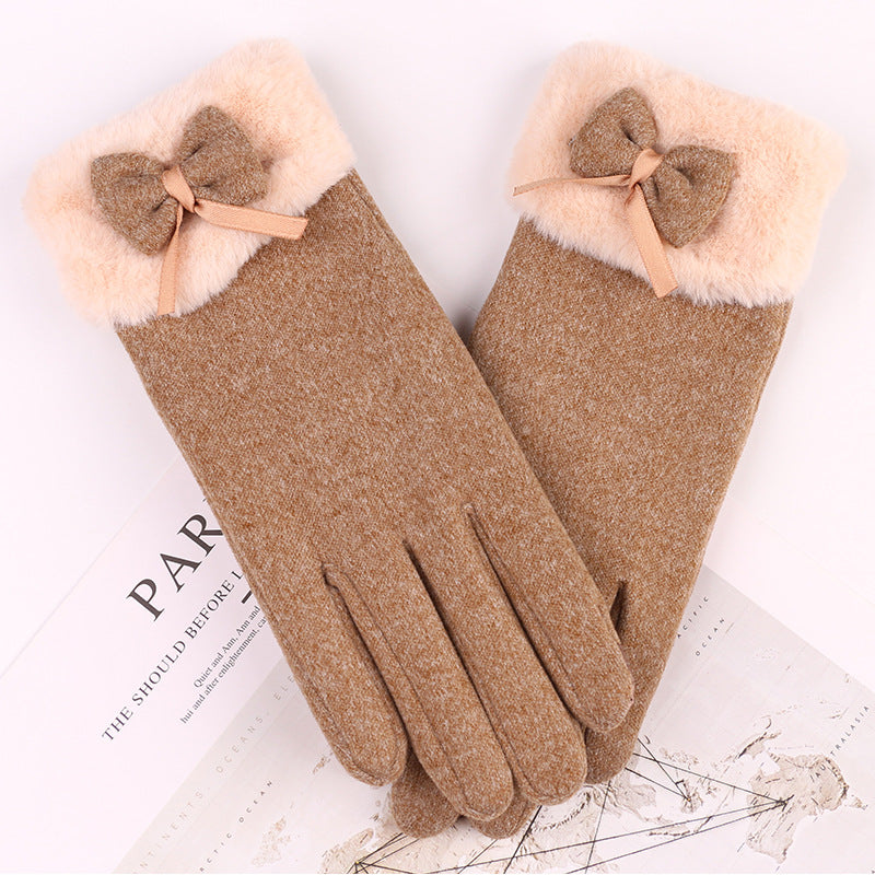 Suede Feel Bow Faux Fur Cuff Gloves - Brown