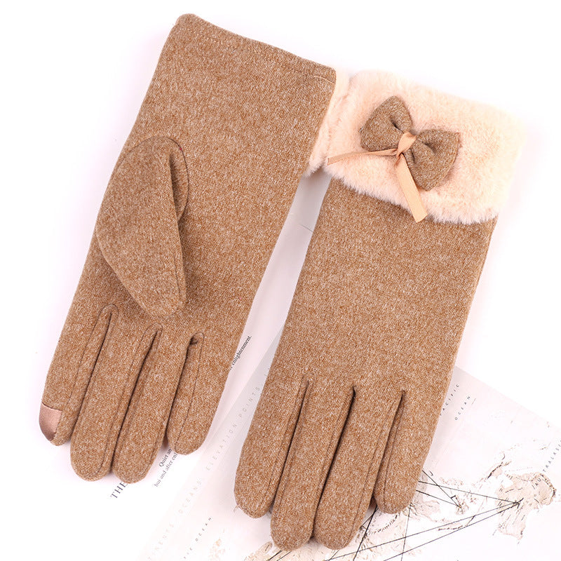 Suede Feel Bow Faux Fur Cuff Gloves - Brown - 1