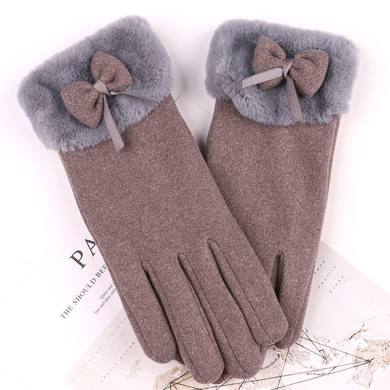 Suede Feel Bow Faux Fur Cuff Gloves - Grey