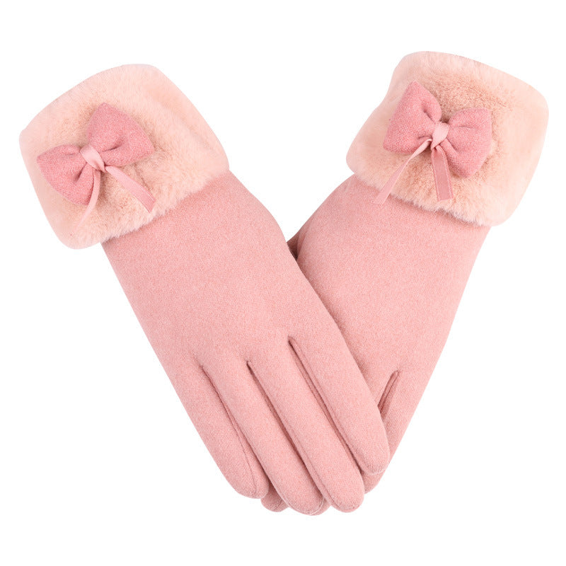 Suede Feel Bow Faux Fur Cuff Gloves - Pink