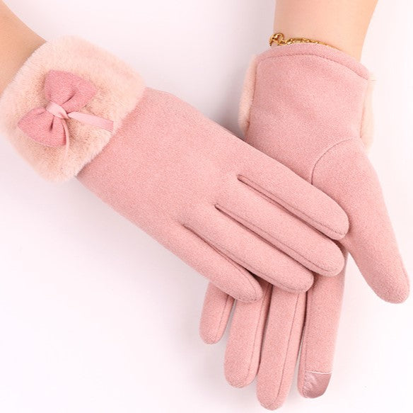 Suede Feel Bow Faux Fur Cuff Gloves - Pink - 1