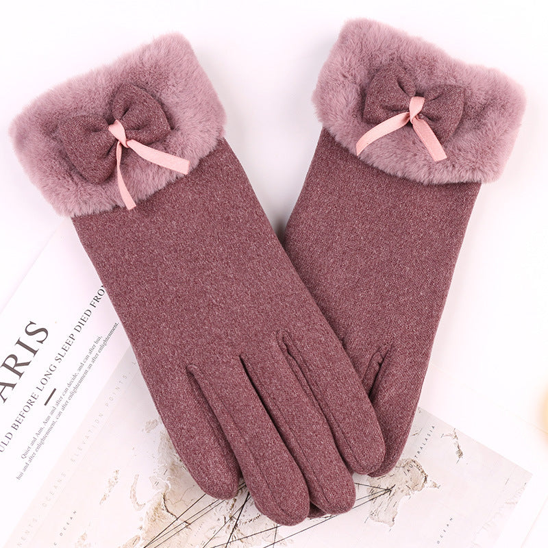 Suede Feel Bow Faux Fur Cuff Gloves - Purple