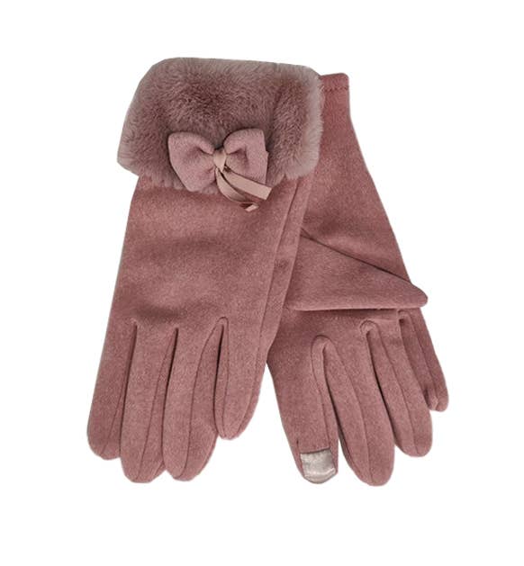 Suede Feel Bow Faux Fur Cuff Gloves