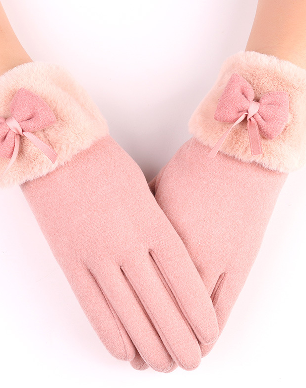 Suede Feel Bow Faux Fur Cuff Gloves - view 1