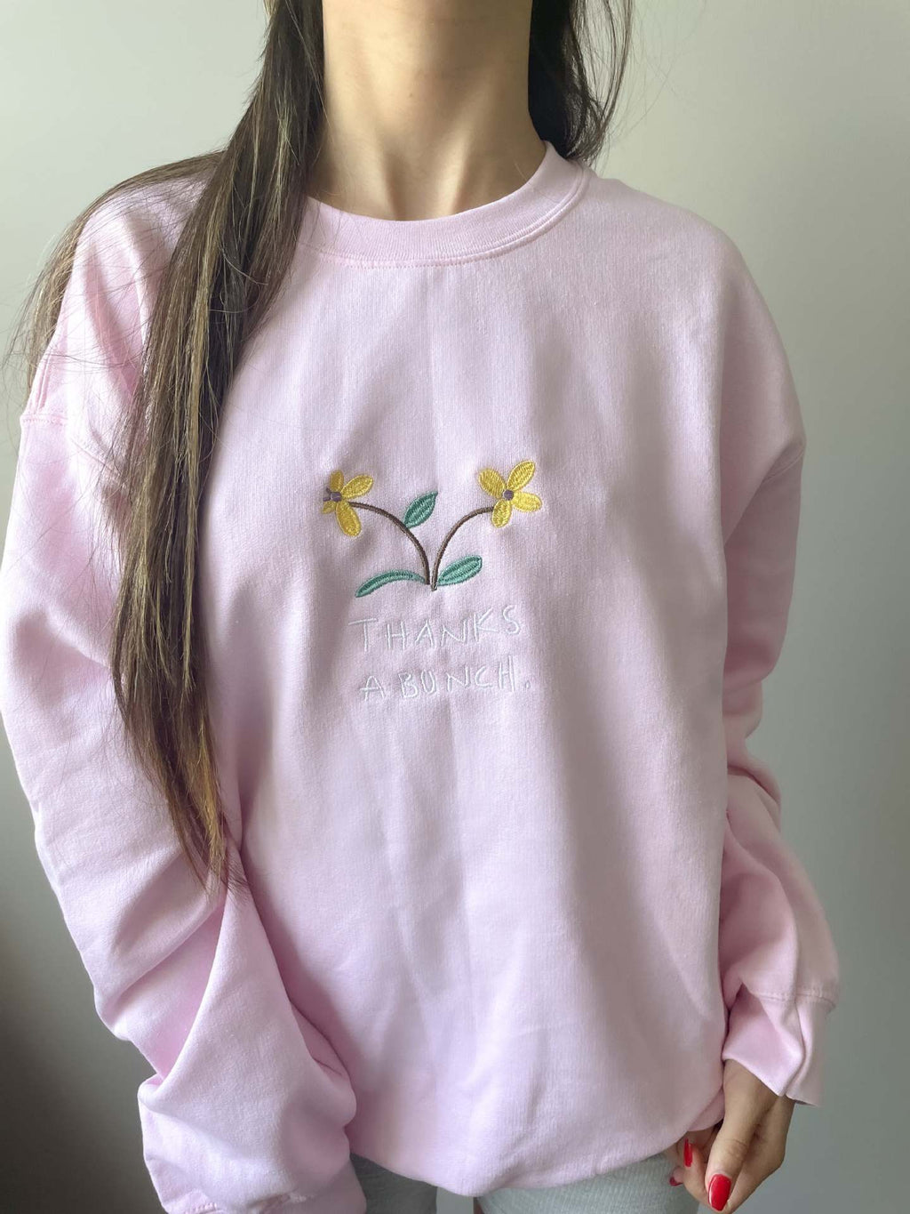 Retro Embroidered Slogan Crewneck Sweatshirt - P_Flower