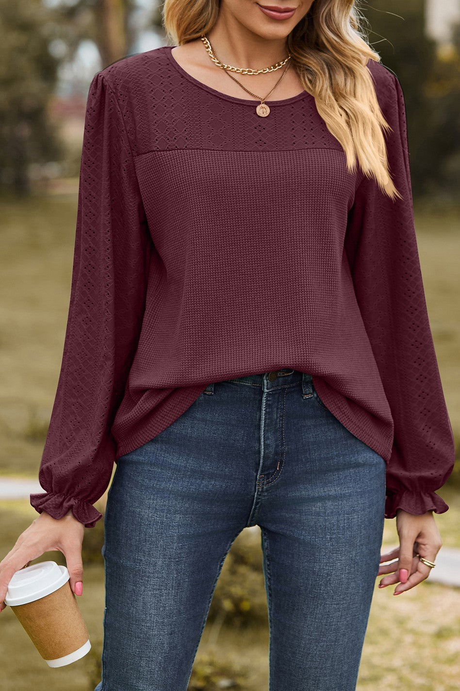 Yoke Balloon Sleeve Ruffle Cuff Blouse - Burgundy - 3