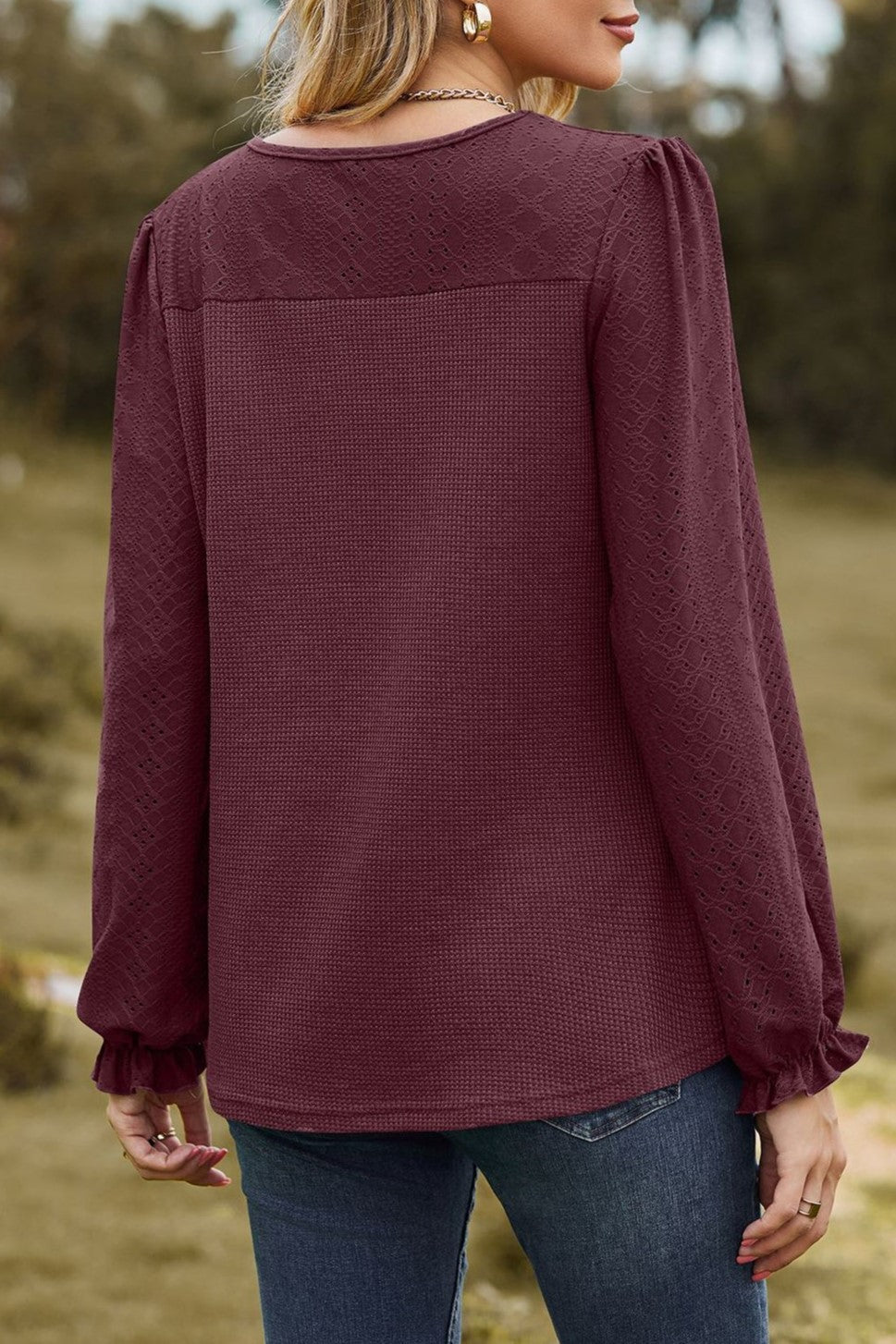 Yoke Balloon Sleeve Ruffle Cuff Blouse - Burgundy - 5