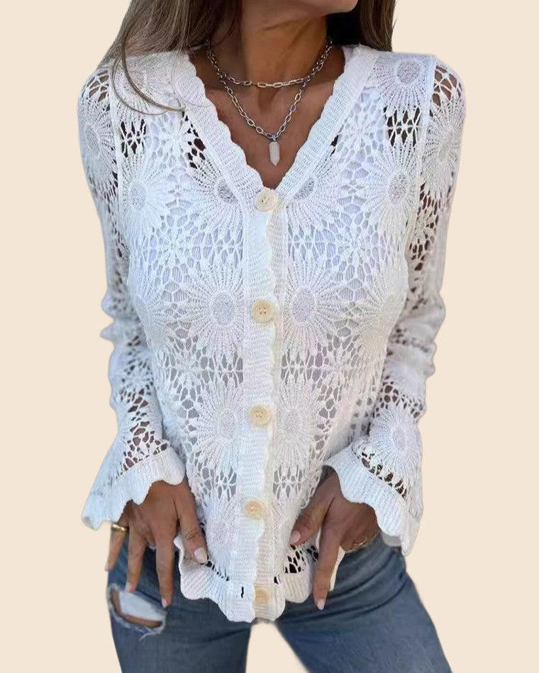 Open Knit Crochet Cardigan With Scalloped Hem - White