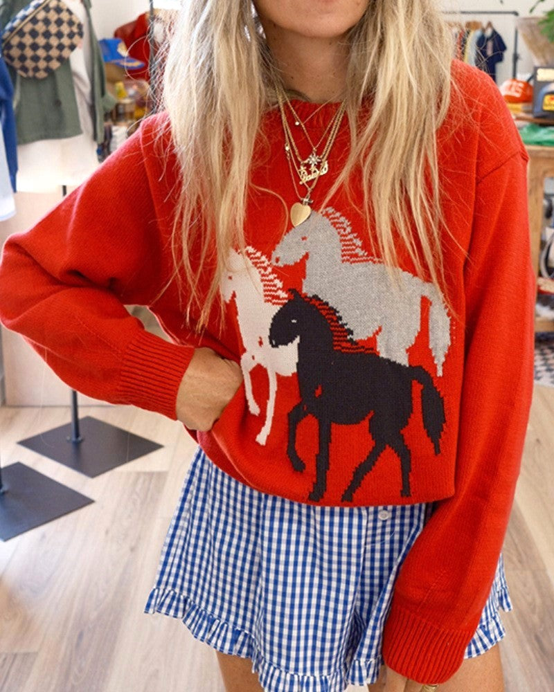 Wild Horse Jacquard Knit Pullover - Red