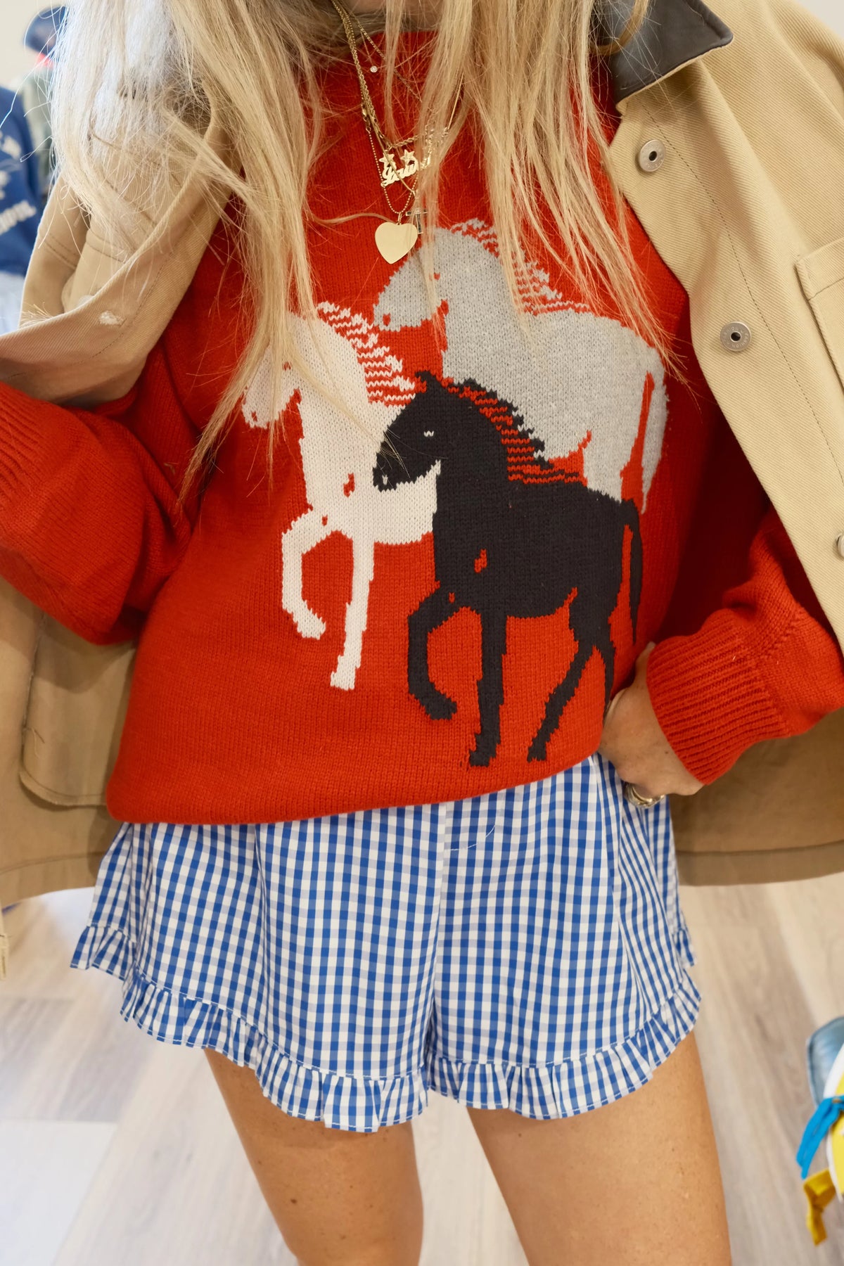 Wild Horse Jacquard Knit Pullover - Red - 1