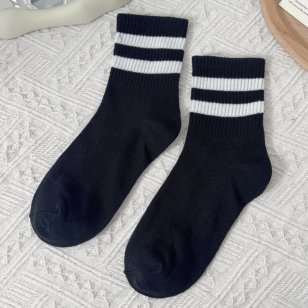 Two-Stripe Ribbed Crew Socks - Black