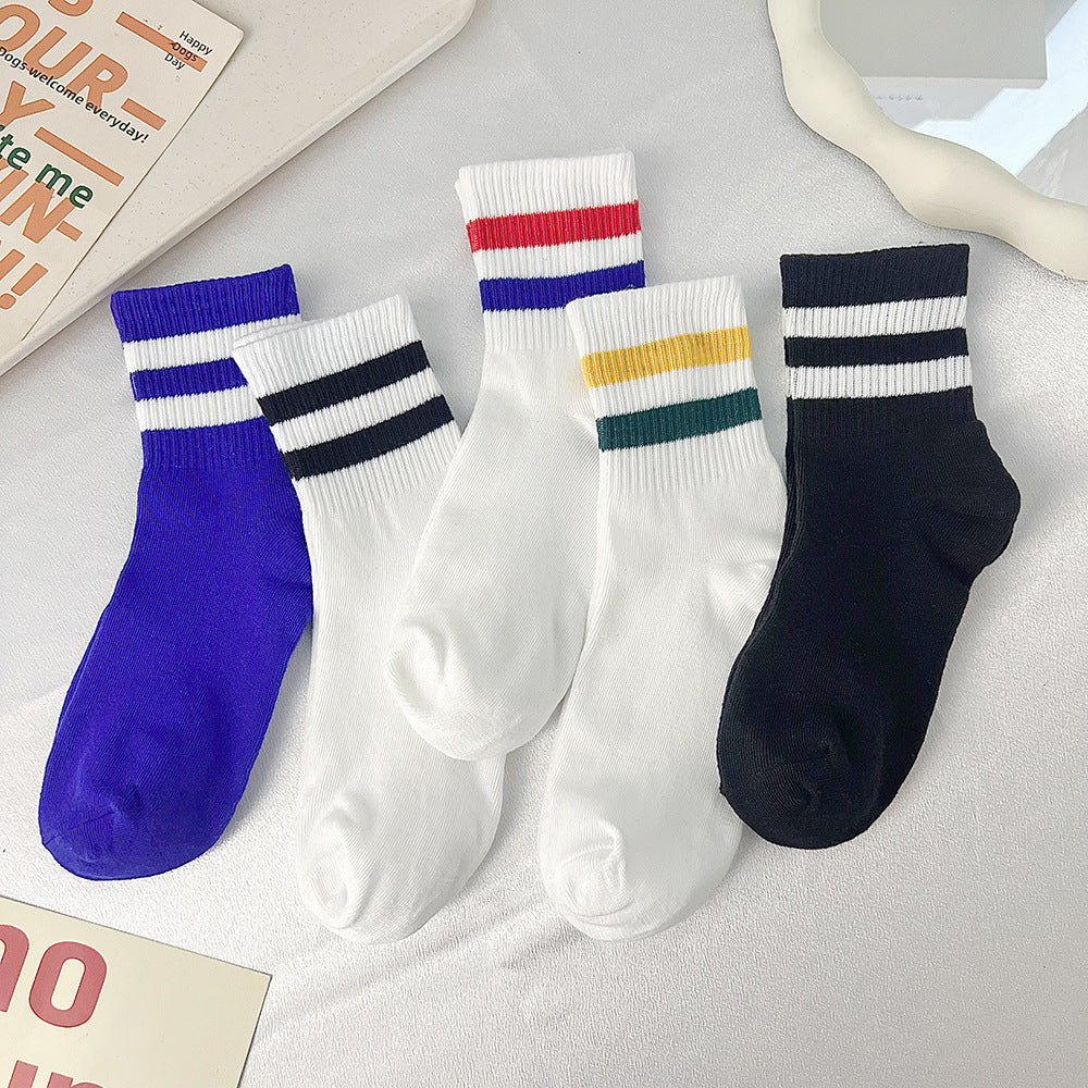 Two-Stripe Ribbed Crew Socks - Blue