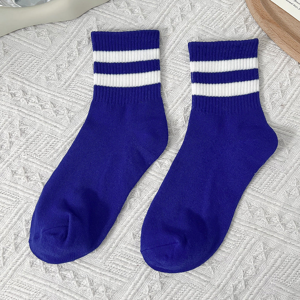 Two-Stripe Ribbed Crew Socks - Blue - 1