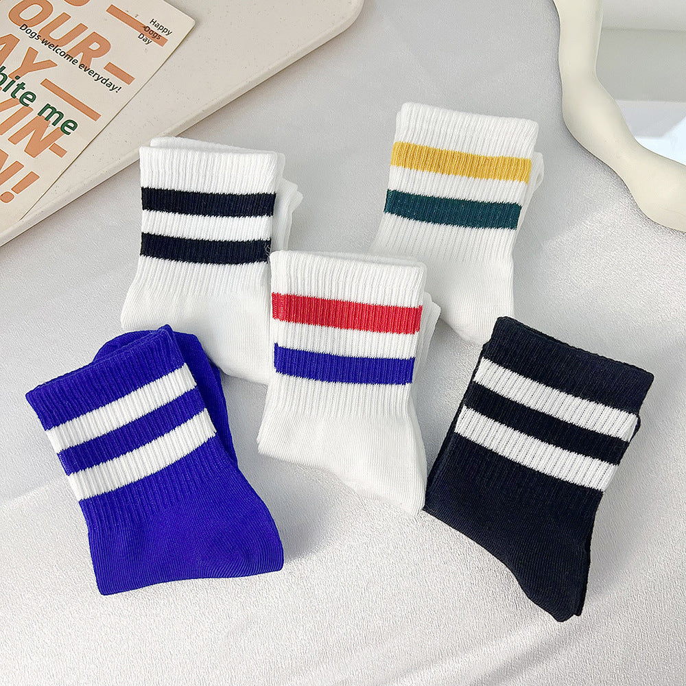 Two-Stripe Ribbed Crew Socks - Blue - 2
