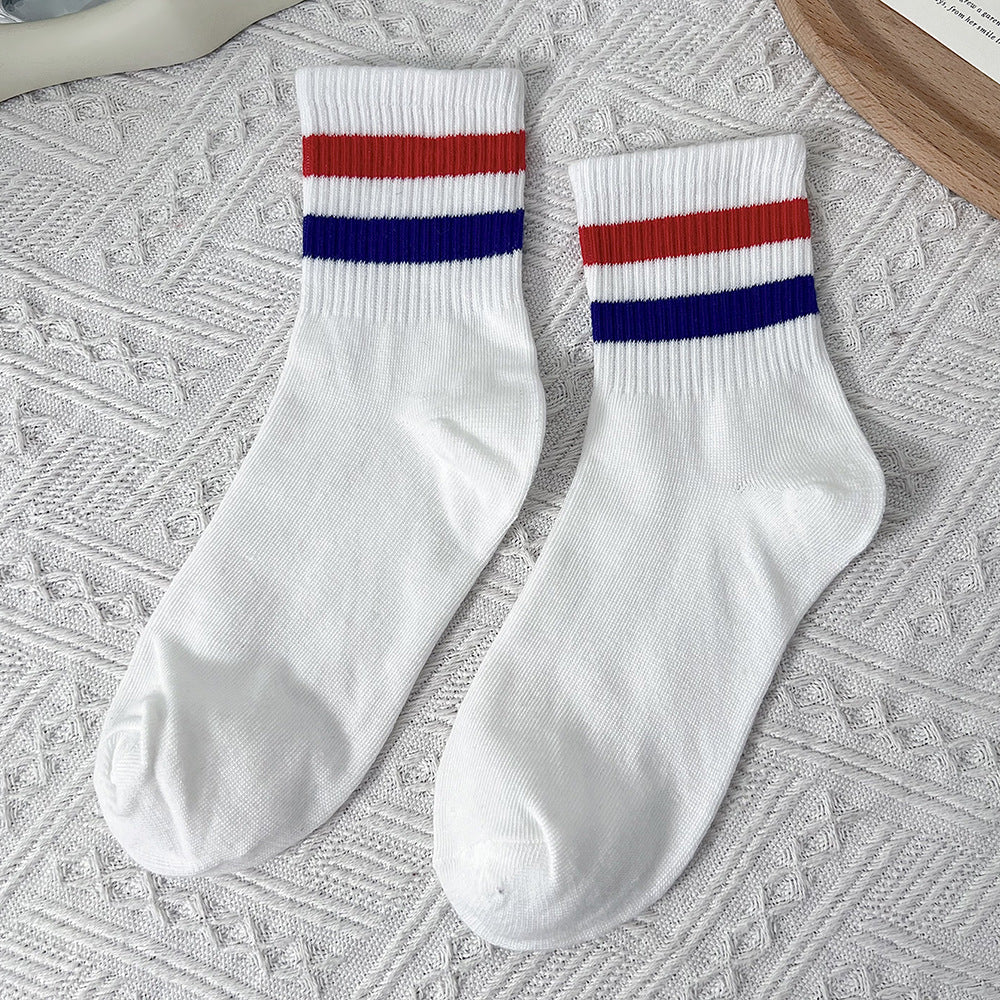 Two-Stripe Ribbed Crew Socks - Red