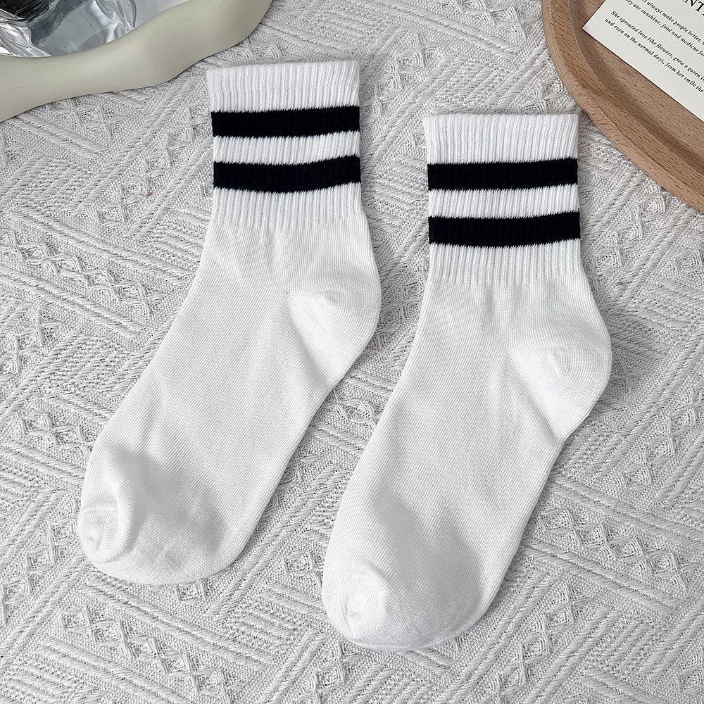 Two-Stripe Ribbed Crew Socks - White