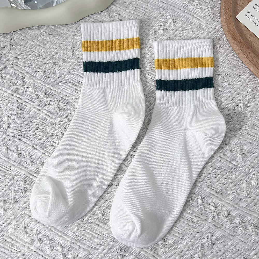 Two-Stripe Ribbed Crew Socks - Yellow