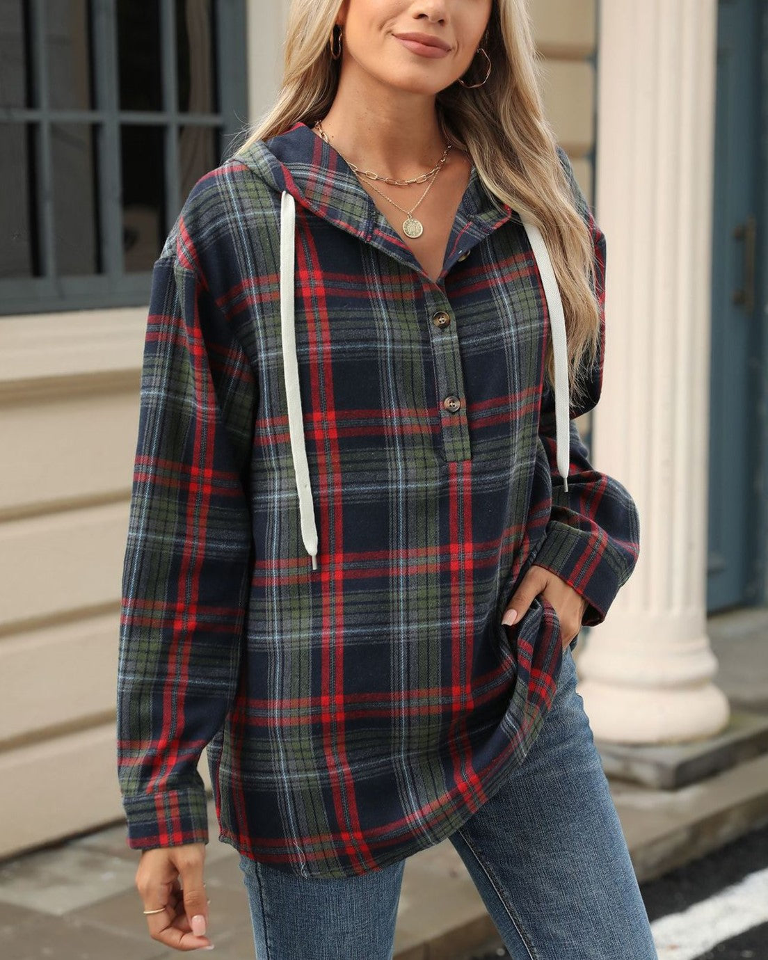 Plaid Hooded Half Button Popover Sweatshirt - DarkBlue