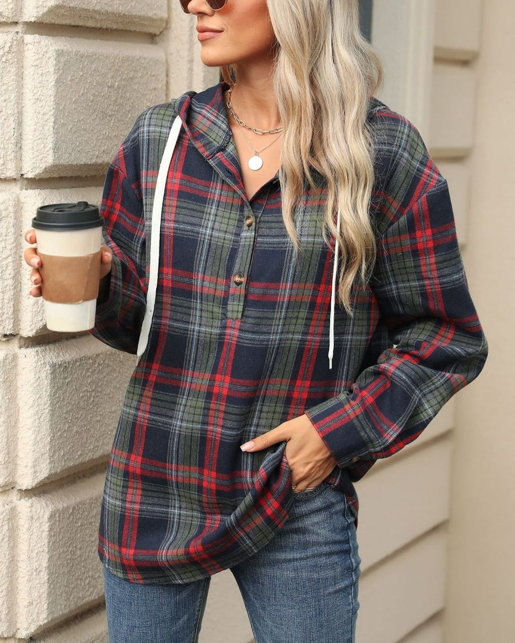 Plaid Hooded Half Button Popover Sweatshirt - DarkBlue - 1