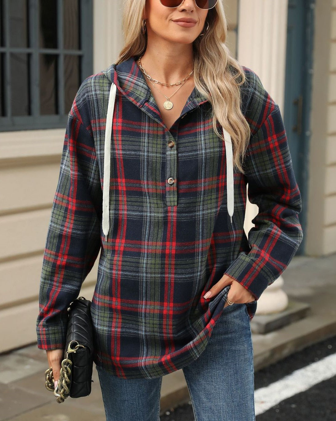 Plaid Hooded Half Button Popover Sweatshirt - DarkBlue - 2