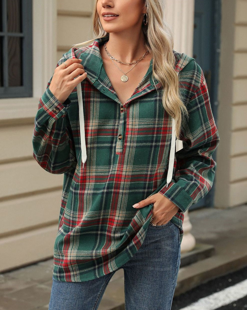 Plaid Hooded Half Button Popover Sweatshirt - Green - 1