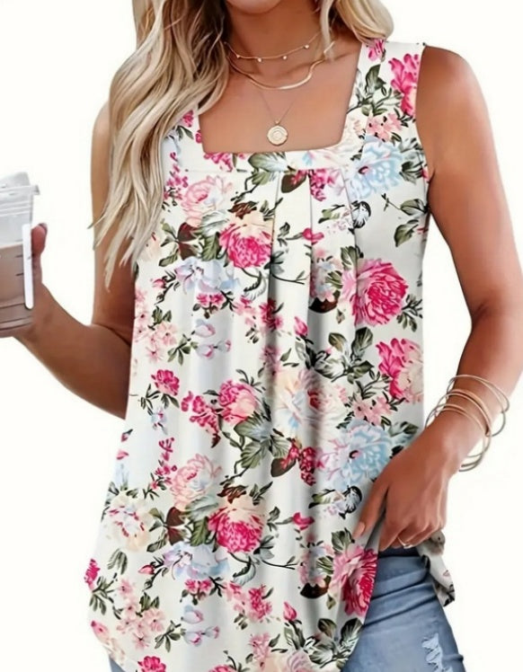 Floral Print Square Neck Pleated Tank Top - Pink