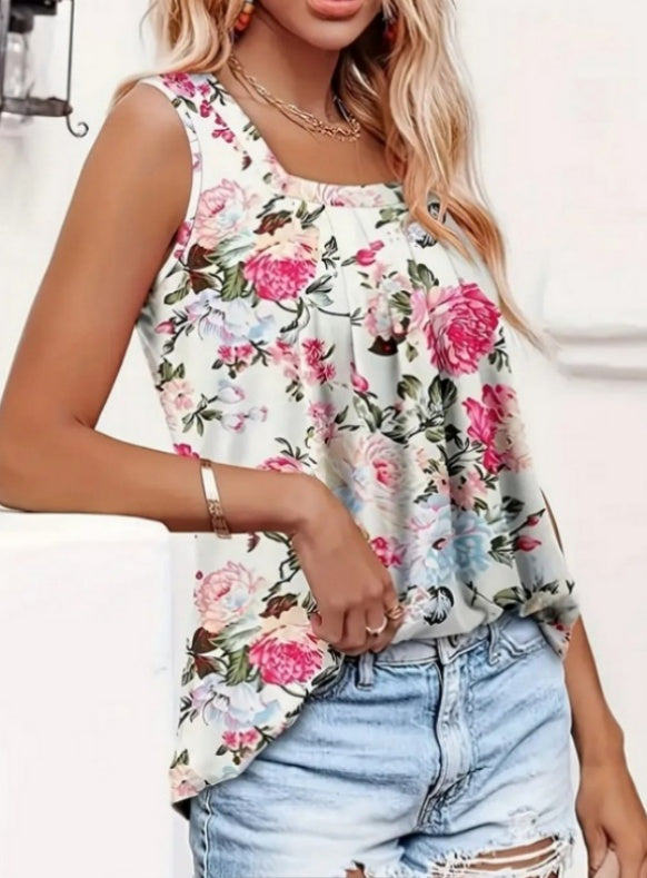 Floral Print Square Neck Pleated Tank Top