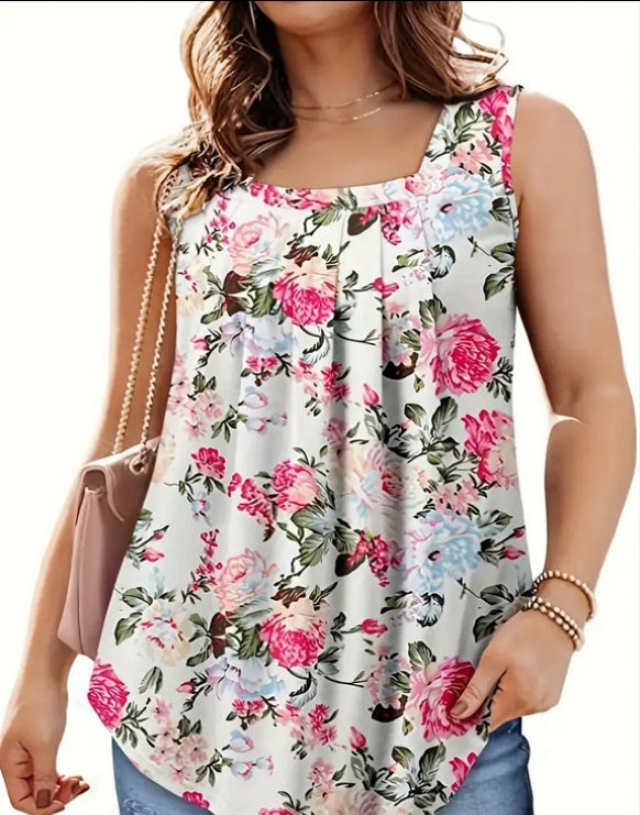Floral Print Square Neck Pleated Tank Top - view 1