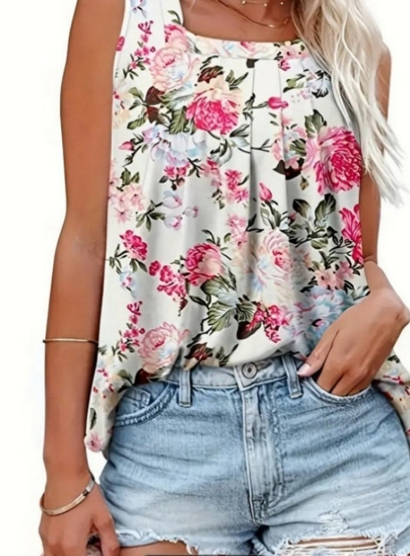 Floral Print Square Neck Pleated Tank Top - view 3