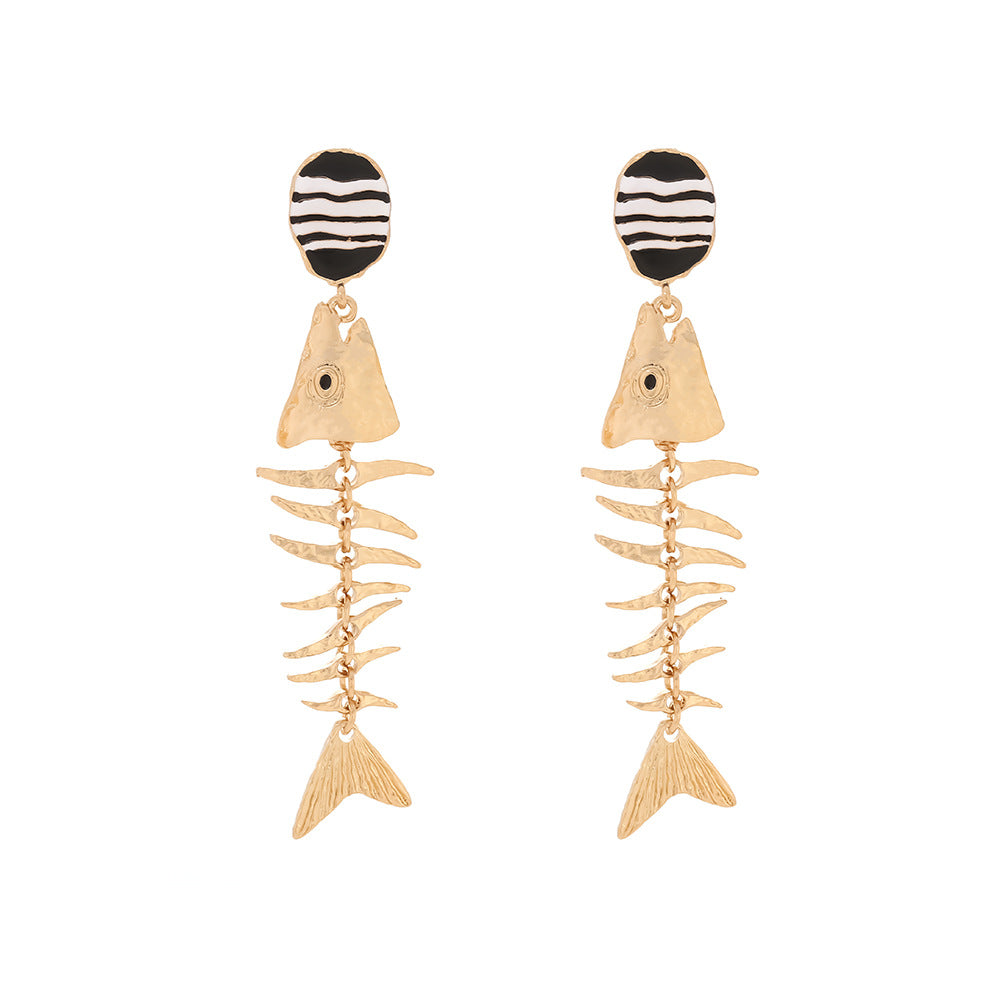 Fishbone Skeleton Statement Drop Earrings - Gold