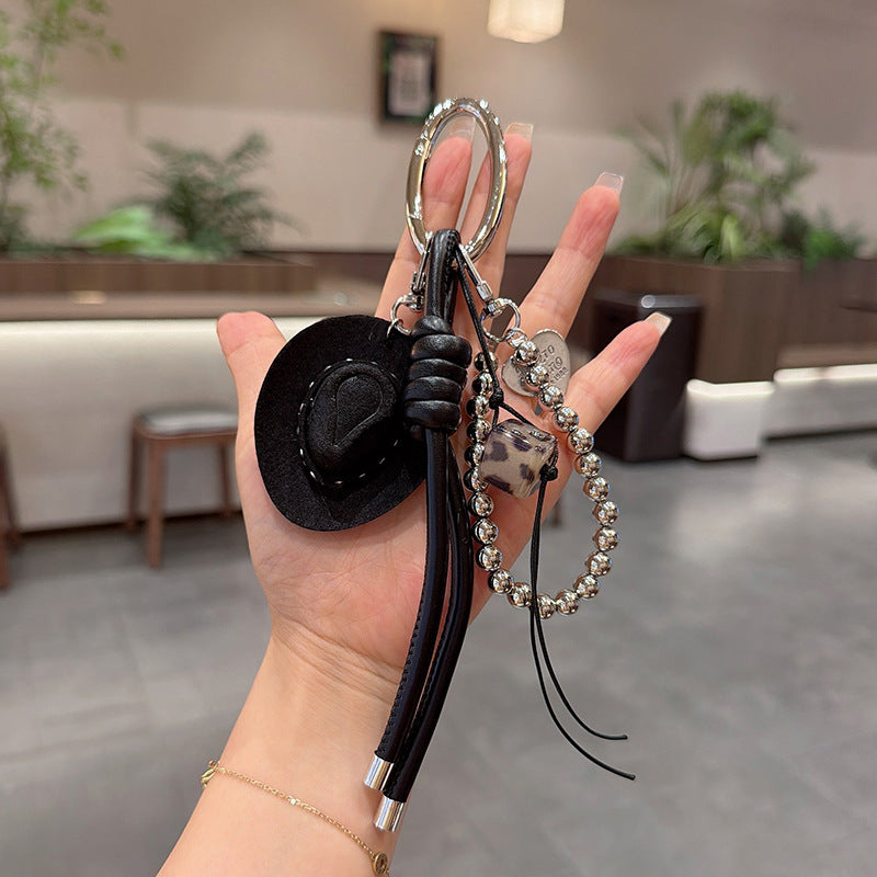 Cowboy Hat Tassel Keychain With Beaded Chain - Black