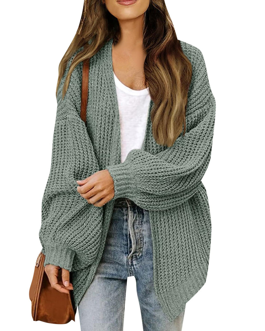Chunky Open Front Batwing Sleeve Cardigan - Bean-Green