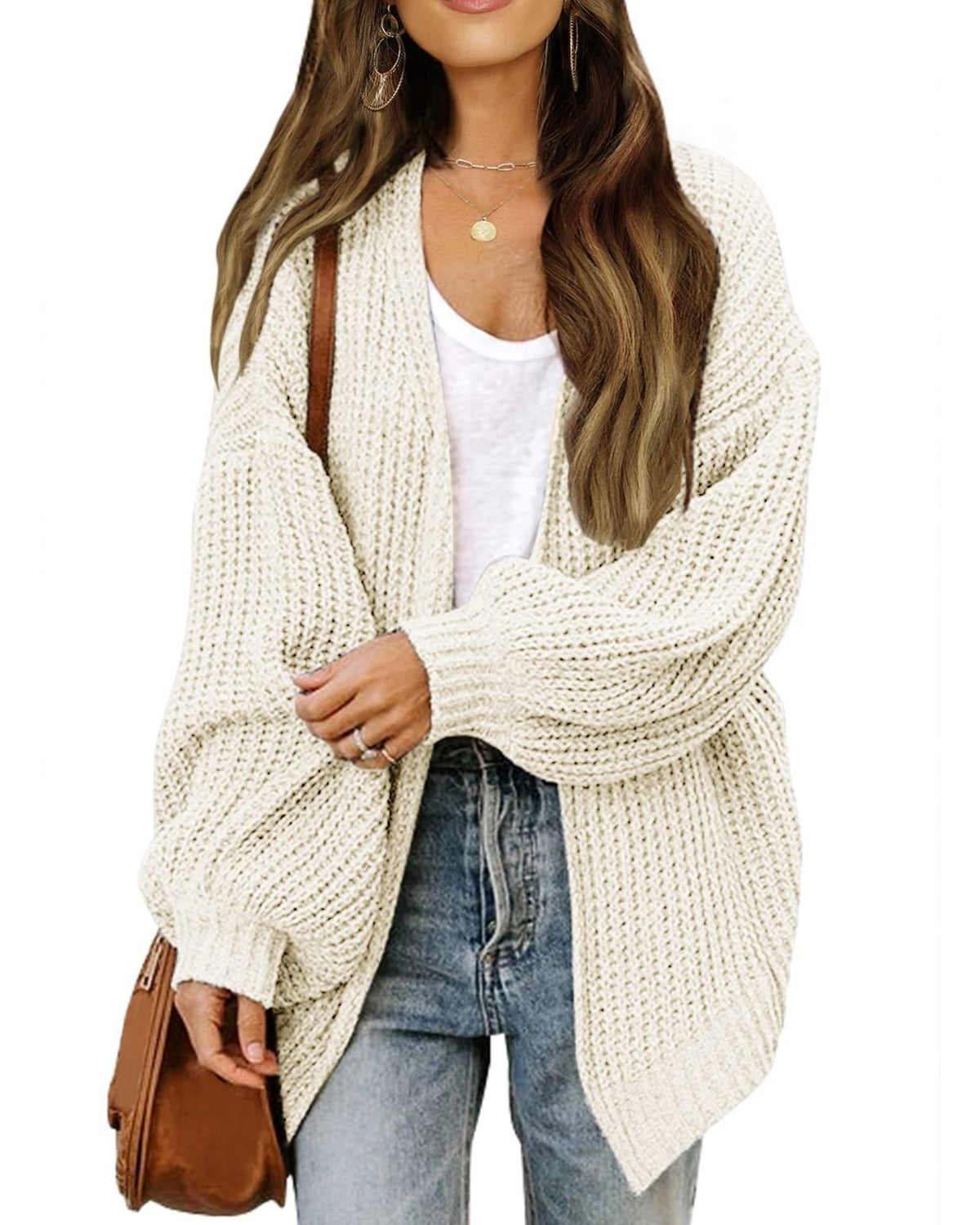 Chunky Open Front Batwing Sleeve Cardigan - Beige