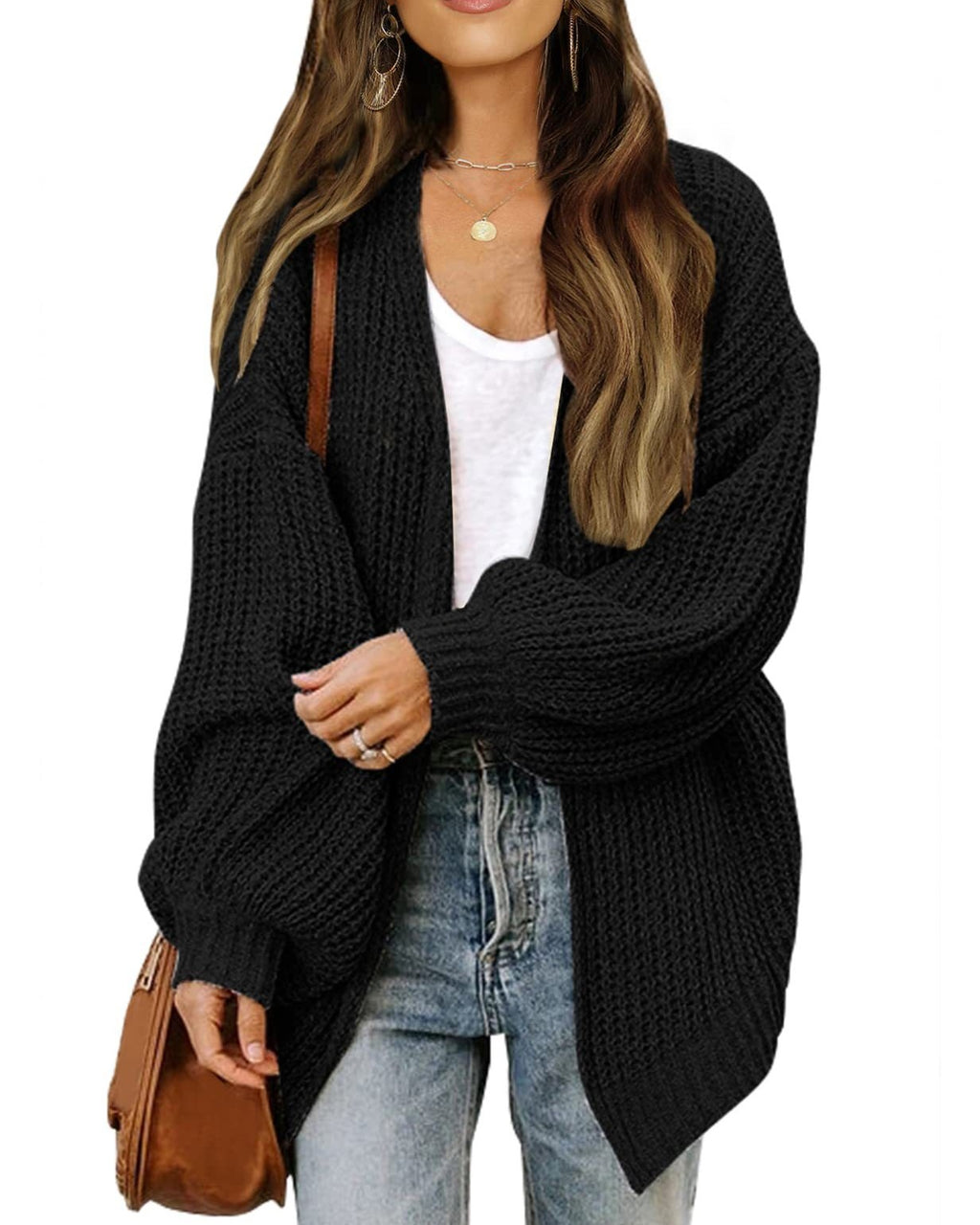 Chunky Open Front Batwing Sleeve Cardigan - Black